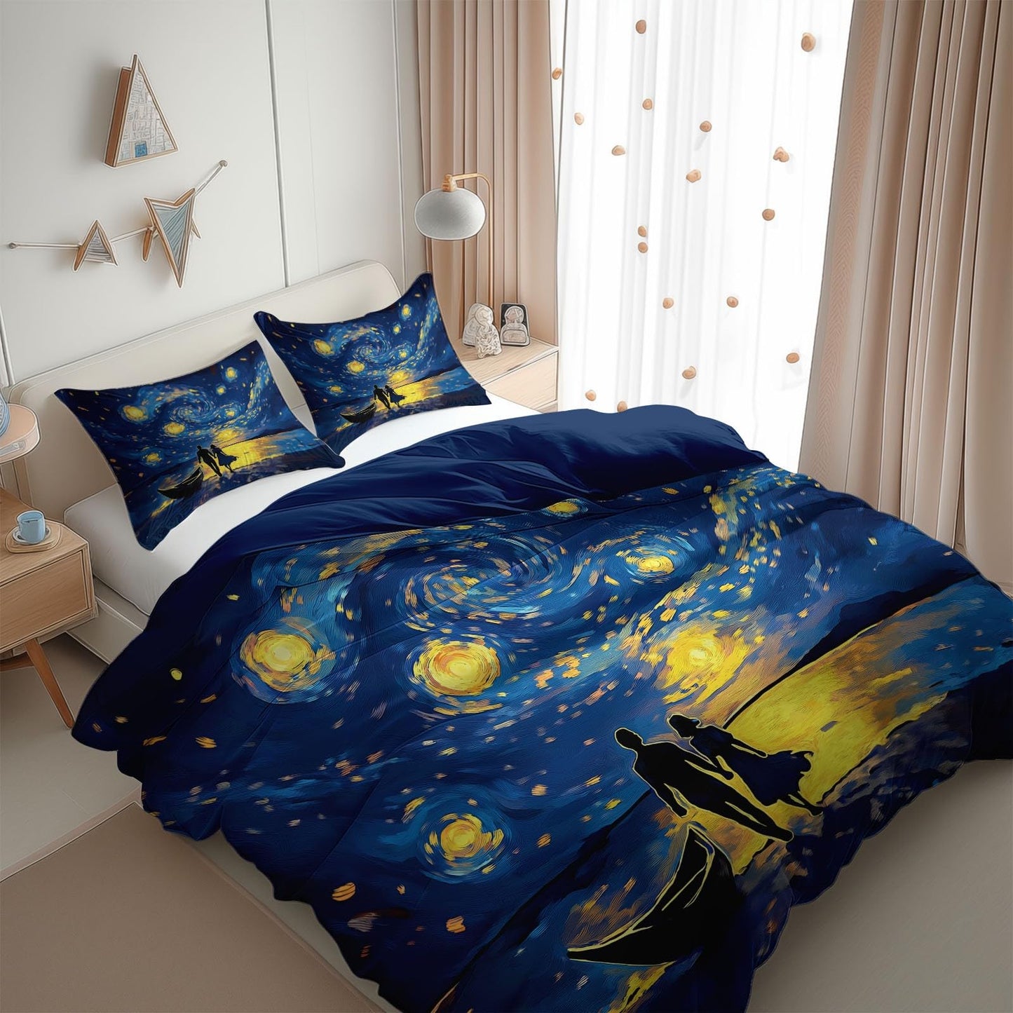 Twin Duvet Cover Set Oil Painting Couple Seaside Soft Microfiber Reversible Comforter Bedding Cover with Zip Tie, Lightweight Breathable Navy, for Boys Girls Teens
