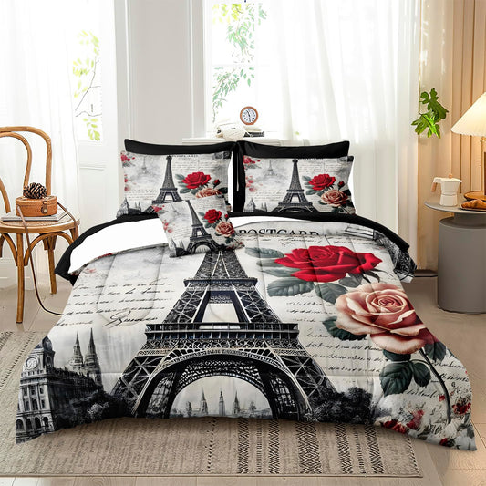 Bedbay Vintage Paris Bedding Set Romantic Eiffel Tower Comforter Set Queen Size 8-Piece Parisian Style Comforter Set Elegant Rose Floral Bedding Soft Cozy French-Themed Bedding for All Seasons