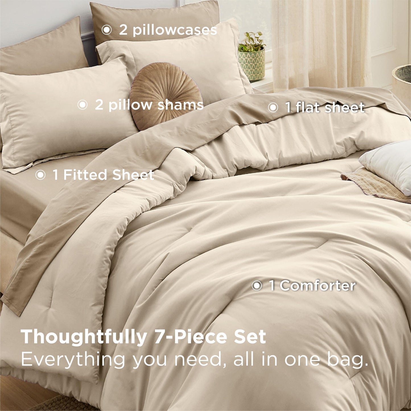 Bedsure King Size Comforter Set - 7 Pieces Light Beige King Bedding Set for All Seasons, Boho Contrasting Design Bed in a Bag with Comforter, Sheets, Pillowcases & Shams
