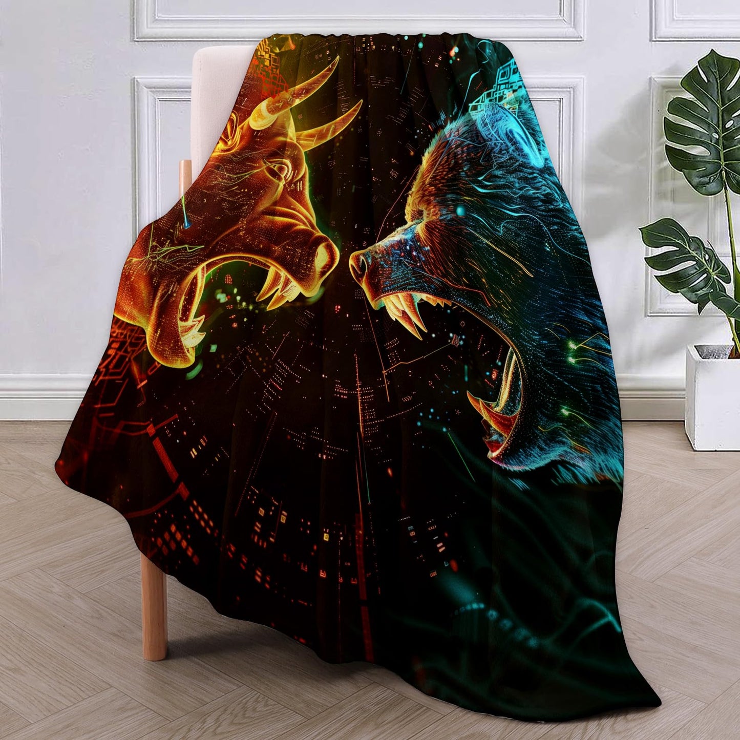 VANZEV Bull and Bear Market Throw Blanket Gifts, Soft Cozy Fleece Blanket with Neon Stock Market Print, Blanket for Couch Bed Sofa, Perfect for Traders and Finance Enthusiasts, 50x60 in