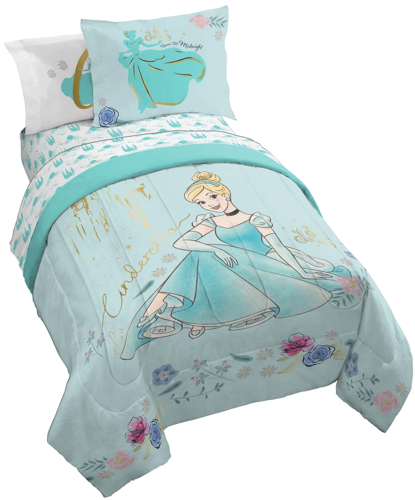 Jay Franco Kids Comforter Set Includes Sheets and Pillow Covers - Soft and Cozy Bed Set for Stylish Room Decor, Official Licensed Bedding, Blue - Princess Cinderella, 5 Piece Twin