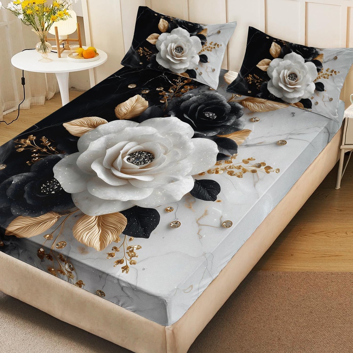 HOSIMA Floral Twin Bedding Sets for Women,Black White Marble Grain Ink Fluid Art Fitted Sheet for Girls Room Decor,Golden Leaves Pattern Lightweight Floral Bedding,1 Fitted Sheet+2 Pillowcases.