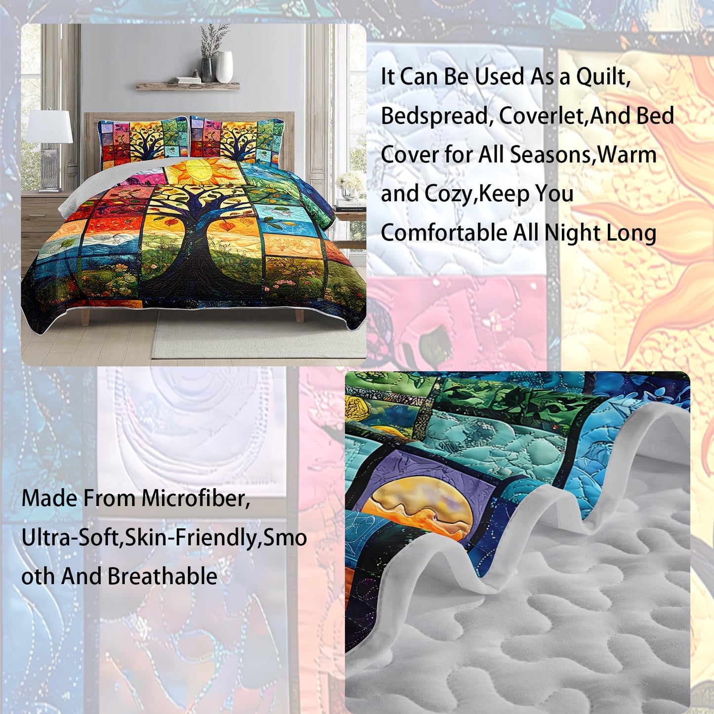 AILONEN Tree of Life Quillt Set Queen Size, Sun Moon Boho Bedspread Coverlet,Soft Microfiber Quilt,2 Pillowcases,3-Piece Colorful Natural Botanical Print Bedding