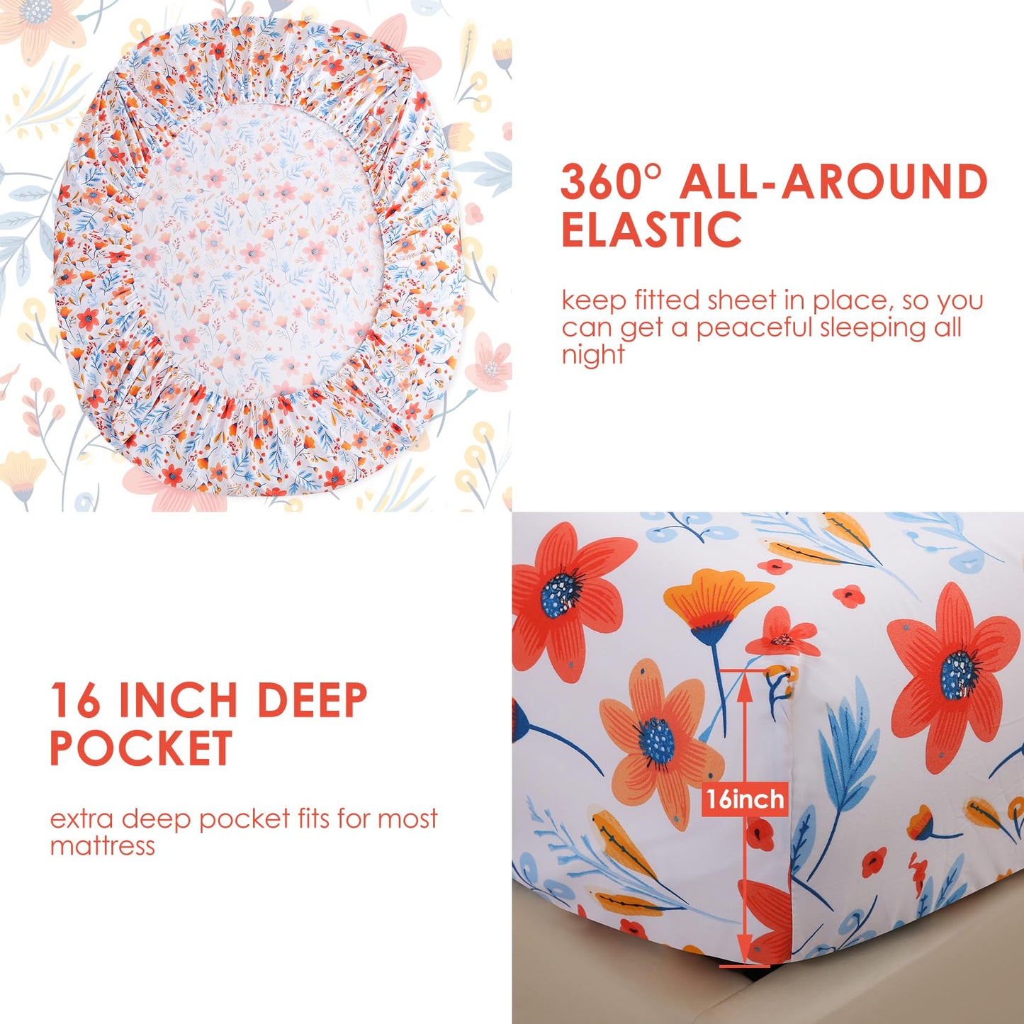 JSD Spring Floral Printed Sheet Set Queen Size, 4 Piece Flower Pattern Microfiber Bed Sheets Deep Pocket