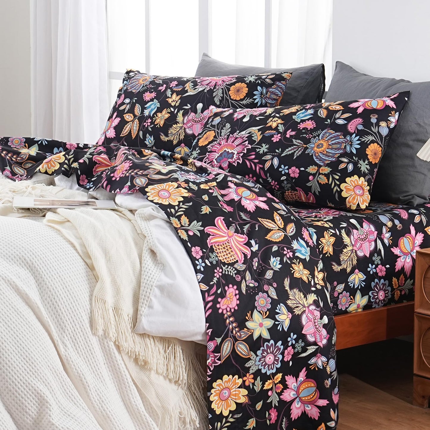 MEISHANG Queen Sheet Set - Ultra Soft Floral Sheets Brushed Microfiber,1800 Thread Count Floral Bed Sheets Oeko-Tex Certificated - Black Yellow