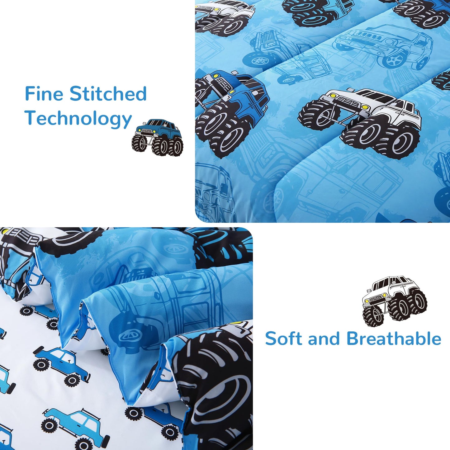Mooreeke Kids Twin Comforter Sets for Boys 6 Pieces Truck Blue Bedding Set for Teens Soft Microfiber Kids Bed in A Bag with Comforter, Sheet Set, Shams and Decorative Toy Pillow All Season