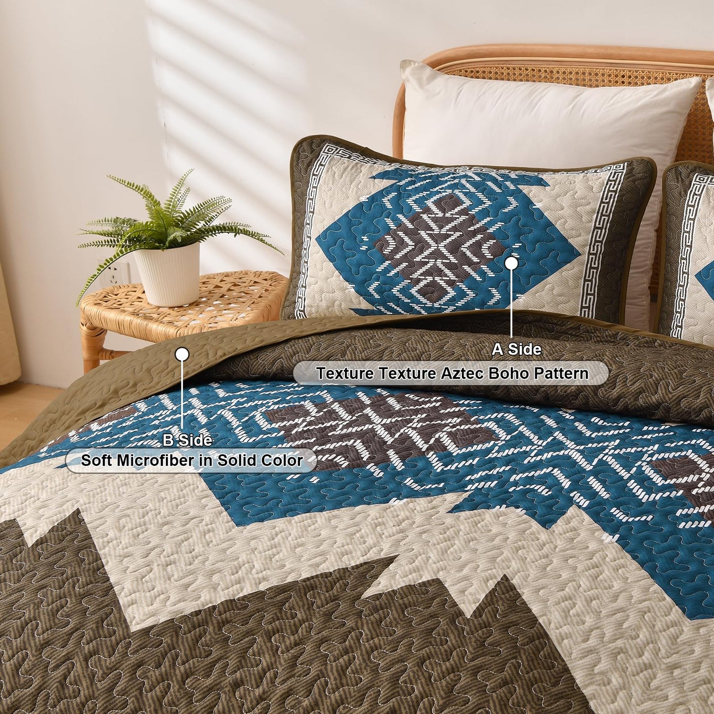 Dintszyayue Boho Quilt Set King Size, Brown Aztec Texture Bedspread Set, 3 Pieces Texture Southwestern Bedding Set, Soft Lightweight Coverlet Set for All Season Bedding with 2 Pillowcases