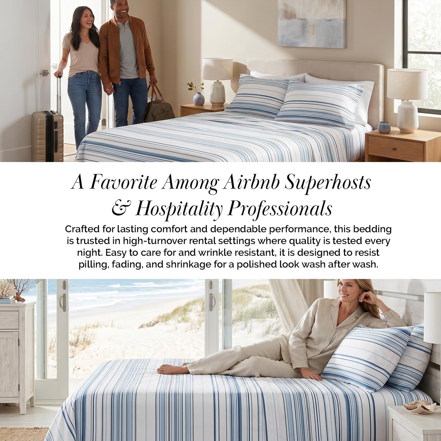 Southshore Fine Living, Inc. Coastal Sheets Set, 4 Piece Full Size Sheet Set Beach House Bedding, 15 Inch Deep Pocket Fitted Sheet, Ultra Soft Microfiber Blue and White Striped Sheets Full Size - Blue