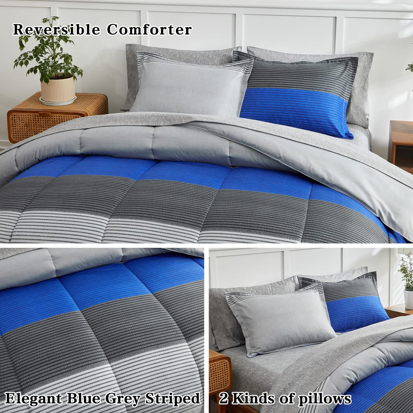 Flysheep Ombre Striped Bed in a Bag 7 Pieces Queen Size, Blue and Grey Stripes Comforter Sheet Set (1 Comforter, 1 Flat Sheet, 1 Fitted Sheet, 2 Pillow Shams, 2 Pillowcases)