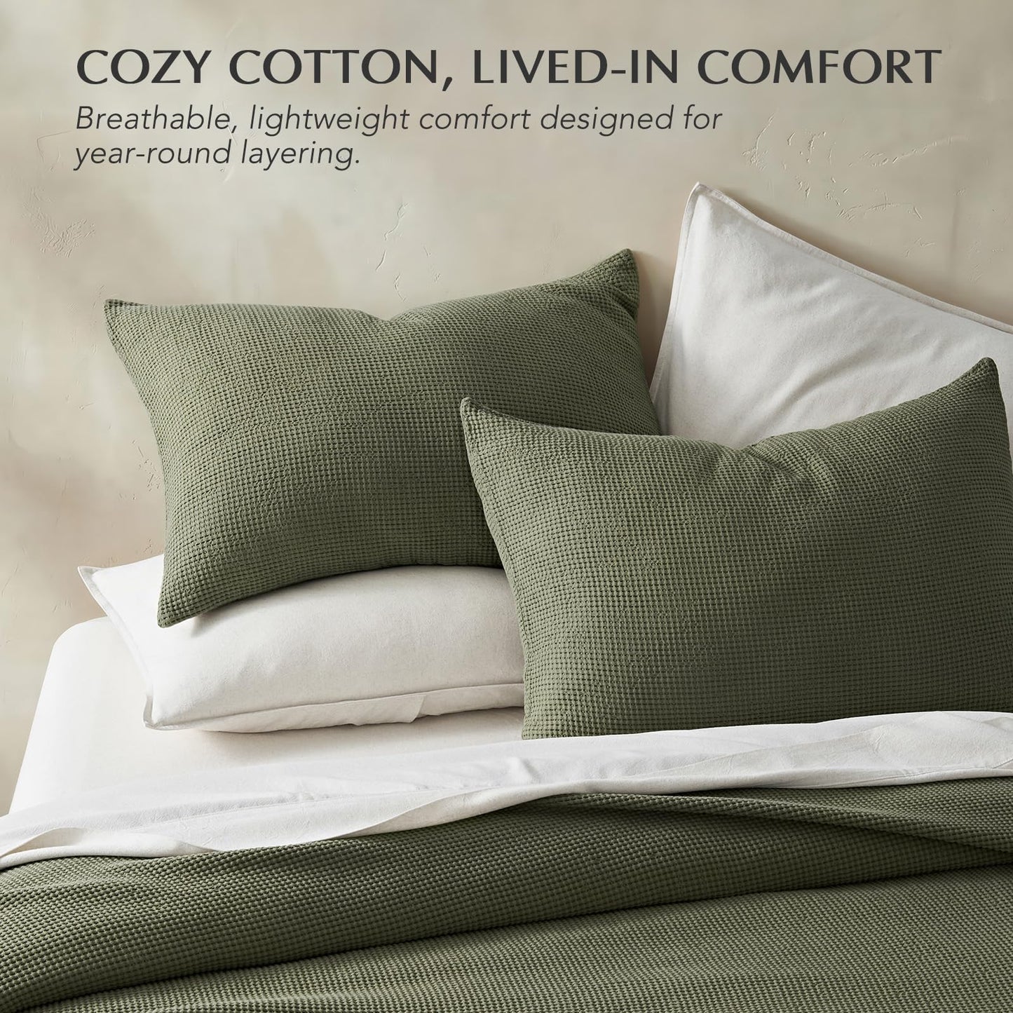 EverGrace 100% Cotton Waffle Bed Blanket Queen Size, Soft Premium Cotton Coverlet Set with 2 Matching Shams, Lightweight All Season Bedding Set, Oversized Bedspread 92x96, Olive Green
