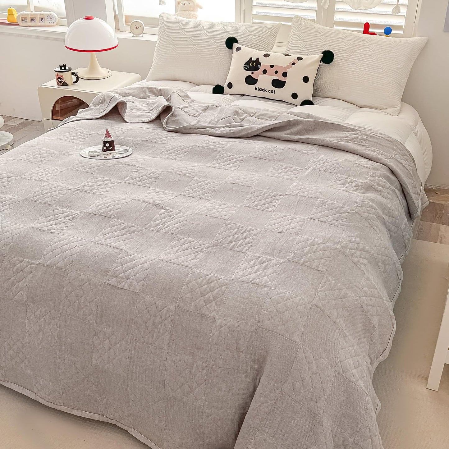 YTYC 78x90 Inches King Size 100 Pecent Cotton Blanket for Bed Sofa Super Soft Breathable Lightweight Throw Blanket for All-Season Square Decoration(Grey,1piece)