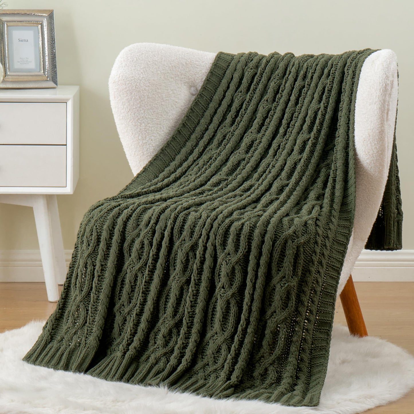 Battilo Olive Green Throw Blanket for Couch, Chunky Cable Knit Blanket, Woven Soft Cozy Chenille Throw Blanket for Bed, Sofa, Chair, Living Room, 51"x67"