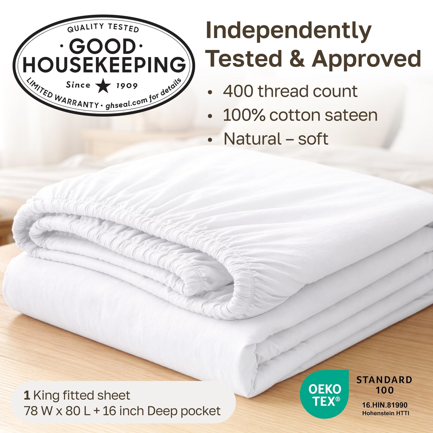 California Design Den King Size Cotton Fitted Sheet, Deep Pocket 400 Thread Count 100% Cotton Sateen, No Pop-Off Elastic, Durable Fitted Sheet Only (King, Indigo Dusty Blue)