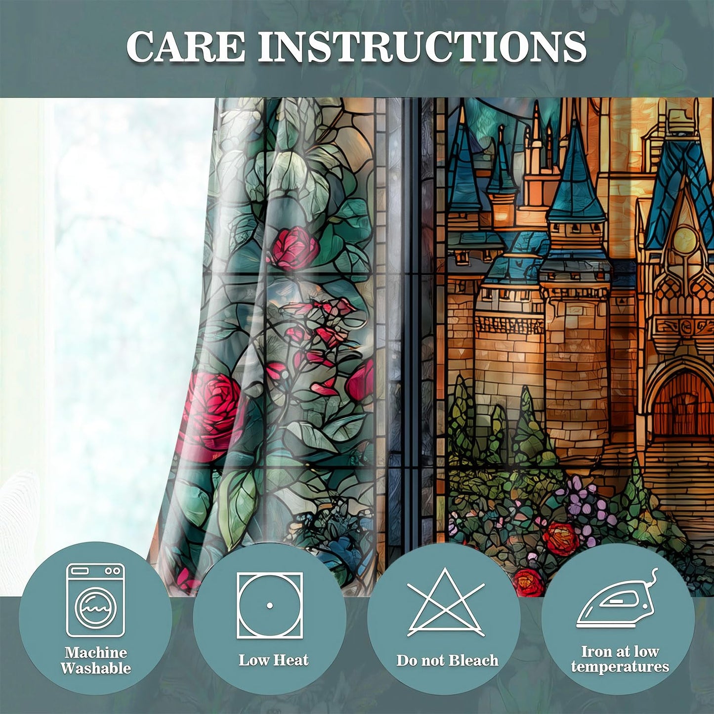 HIYSMT Retro Stained Glass Castle Curtains,4263inch Fairytale Princess Rose Blackout Curtain,Nordic Arched Window Printed Drapes for Girls Women Bedrooms Living Room 2Panels HILC039