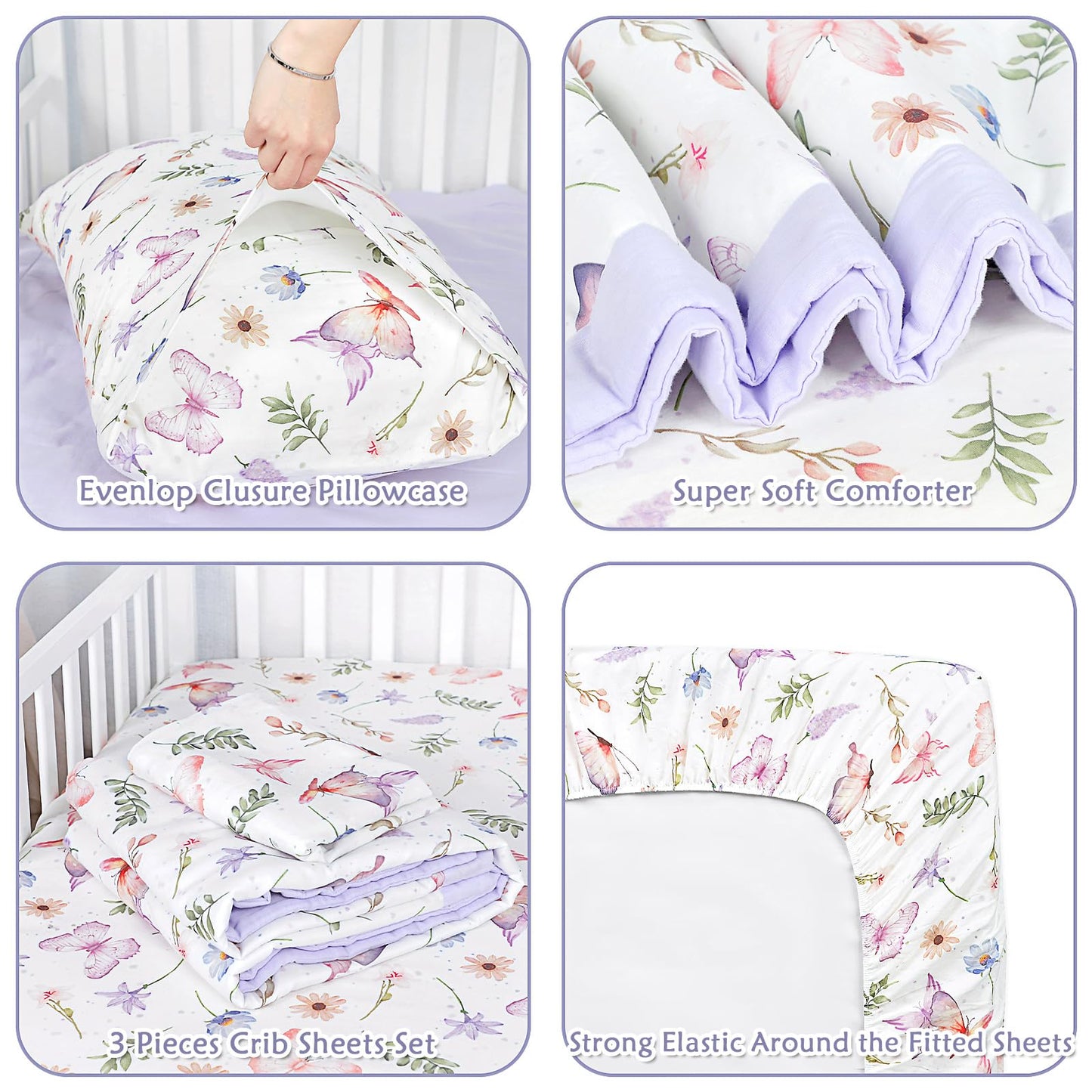Pea Pod Muslin Toddler Bedding Set 3-Piece - Soft Breathable Crib Bedding with Fitted Sheet, Quilt & Pillowcase for Infant & Kids Bed | Machine Washable Nursery Bed Set (Butterfly)