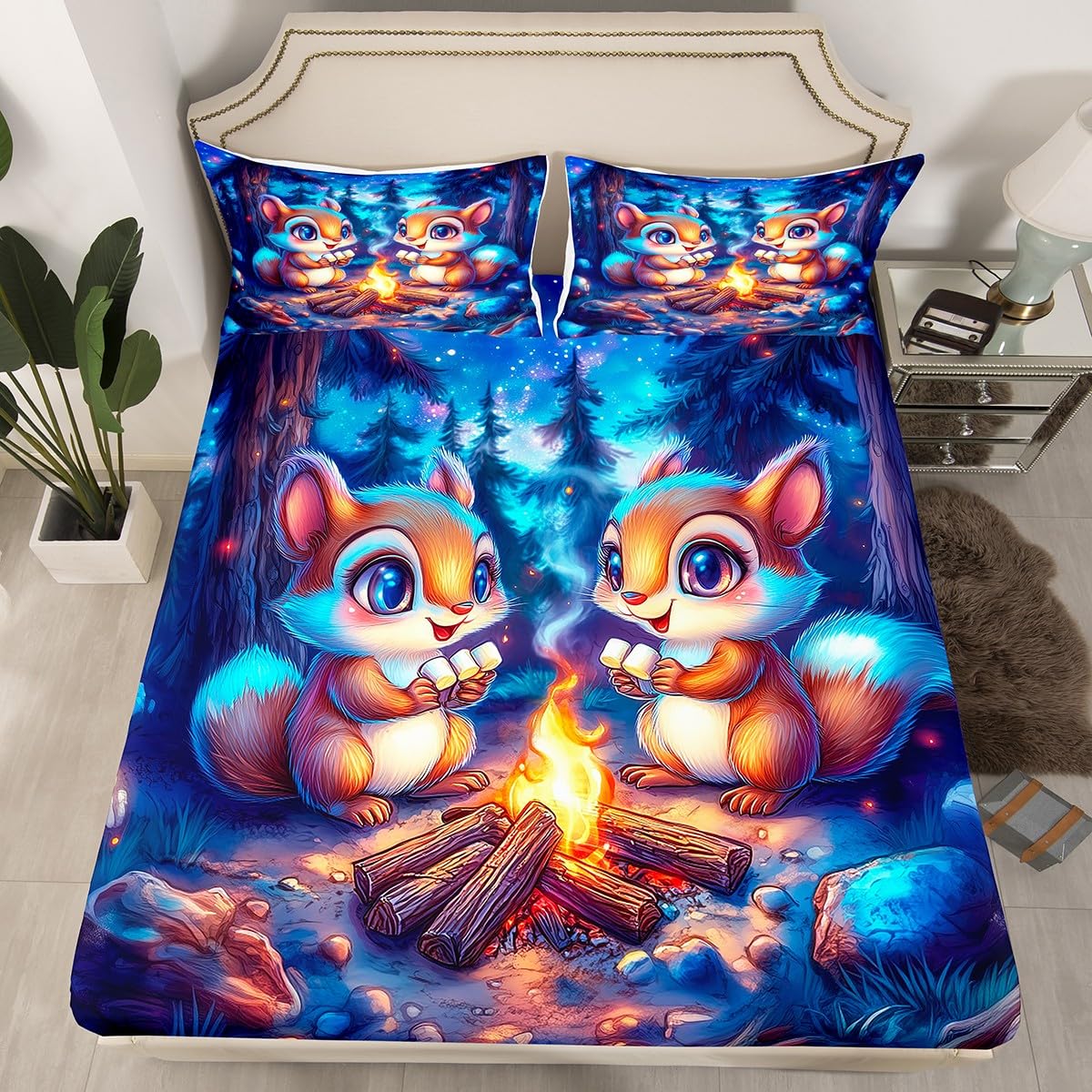 Kawaii Squirrel Kids Fitted Sheet Twin Size,Starry Sky Adventure Camping Campfire Bedding Set,Boys Girls Room Decor,Cartoon Jungle Animal Rustic Bed Cover,Blue Bed Sheet,1 Pillowcase(No Top Sheet)