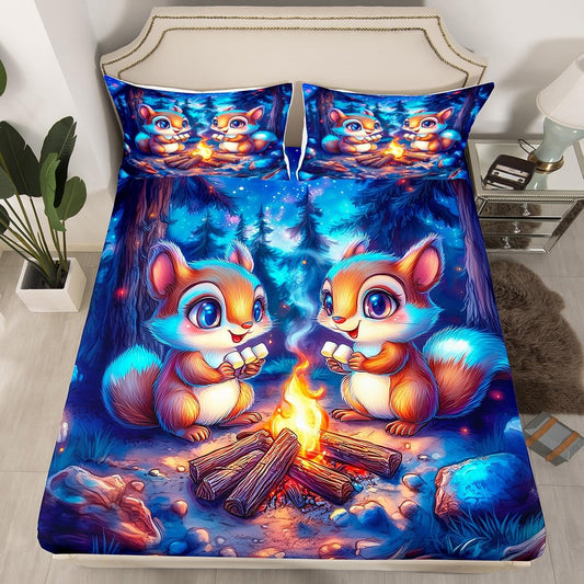 Kawaii Squirrel Kids Fitted Sheet Twin Size,Starry Sky Adventure Camping Campfire Bedding Set,Boys Girls Room Decor,Cartoon Jungle Animal Rustic Bed Cover,Blue Bed Sheet,1 Pillowcase(No Top Sheet)