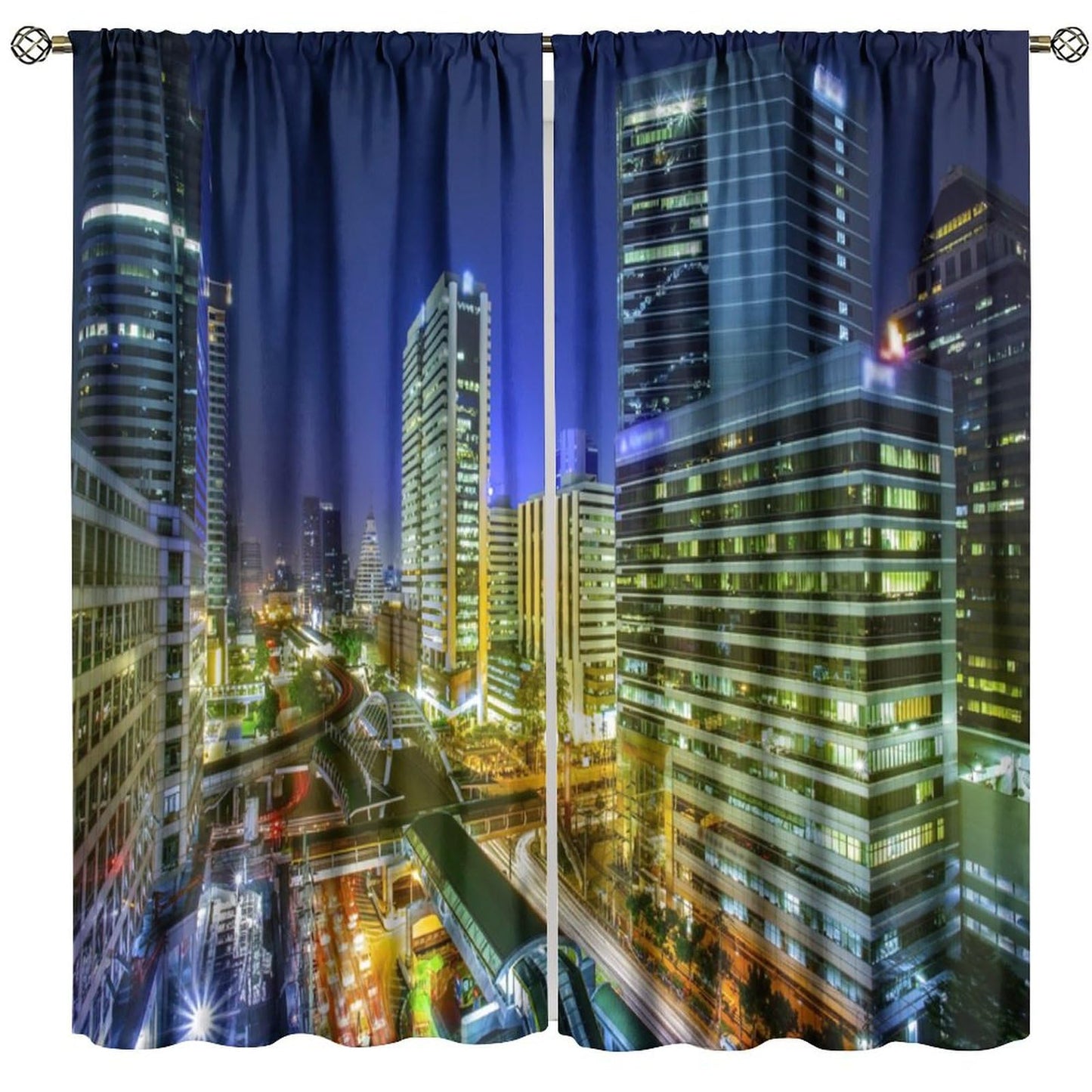 Bangkok City Curtains, Thailand Downtown Night View Modern Building Business Print Window Drapes for Bedroom Living Room, 42" W X 45" L