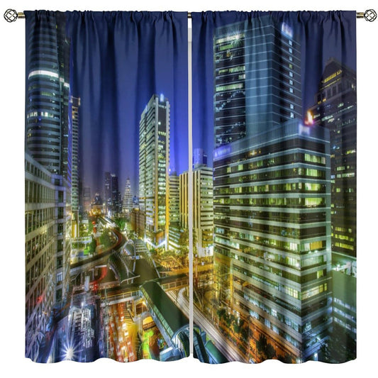 Bangkok City Curtains, Thailand Downtown Night View Modern Building Business Print Window Drapes for Bedroom Living Room, 42" W X 45" L