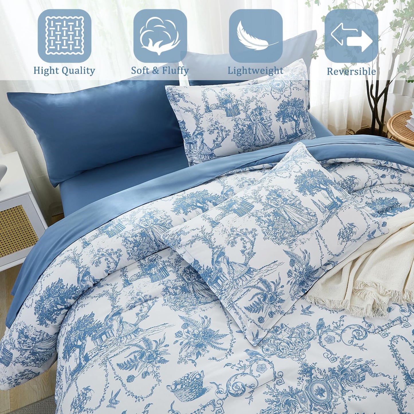 Blue Comforter Set Queen 7 Piece Bed in a Bag Toile de Jouy Botanical Comforter with Sheet Set Soft Micorfiber Bedding Set (1 Comforter,2 Pillow Shams,1 Flat Sheet,1 Fitted Sheet,2 Pillowcases)