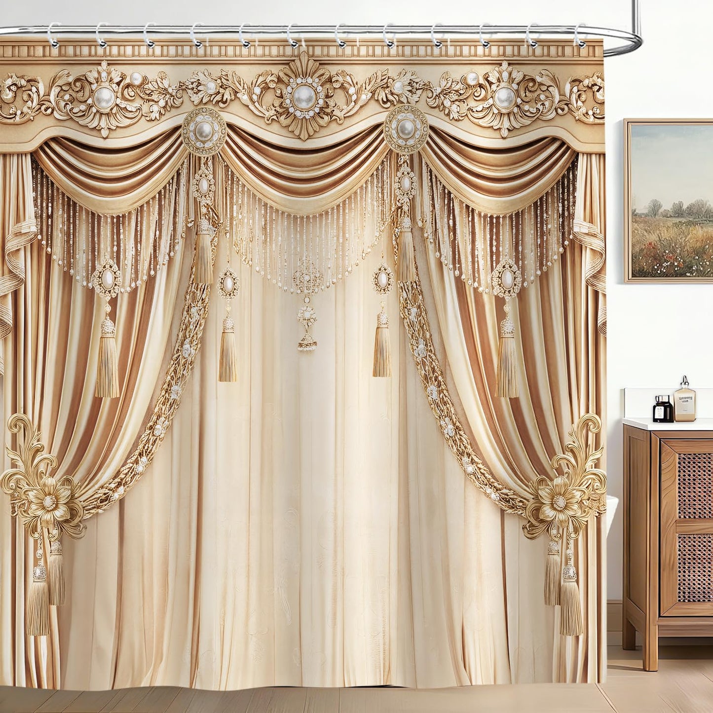 Brystan Gold Luxury Shower Curtain, Elegant Funky Champagne Modern European Style Shower Curtains Set, Vintage Ornate Aesthetic Shower Curtains for Bathroom Polyester Fabric with Hooks 72X72IN