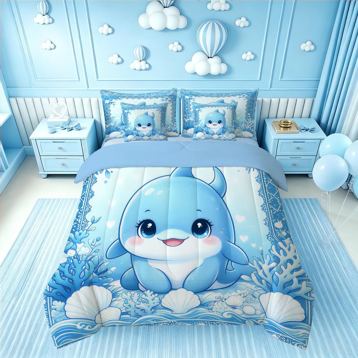 FUYEUN Dolphin King Comforter Set with Sheets for Kids Boys Girls Print 7 Pieces Cute Bedding Set Blue Cartoon Animal Bed in a Bag Princess Room Decor