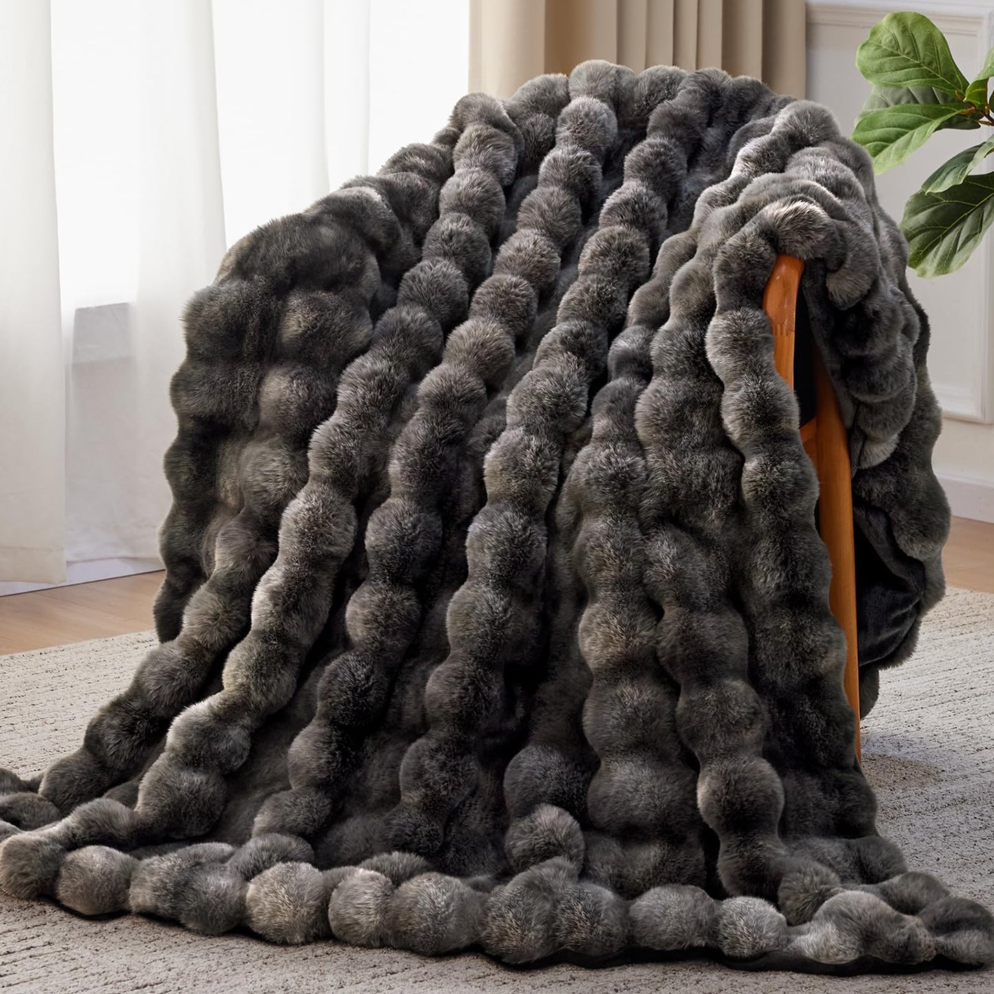 Anysay Faux Fur Throw Blanket, 1000GSM Fluffy Soft Bubble Blanket for Couch Bed, Cozy Plush Warm and Thick Blanket, Fuzzy Rabbit Throw for Living Room Bedroom 50''*60'' Tie-dye Grey