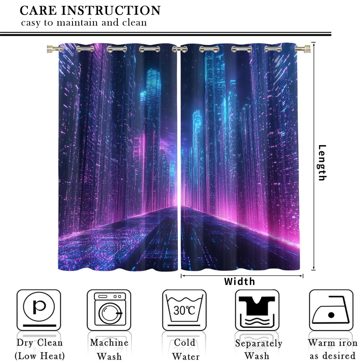 XAFIAUR City Neon Blackout Curtains, City Buildings Printed Drapes, Cyberpunk Thermal Insulated Drapes 2 Panels Darkening Window Curtain for Bedroom Living Room 27" W x 39" L x2