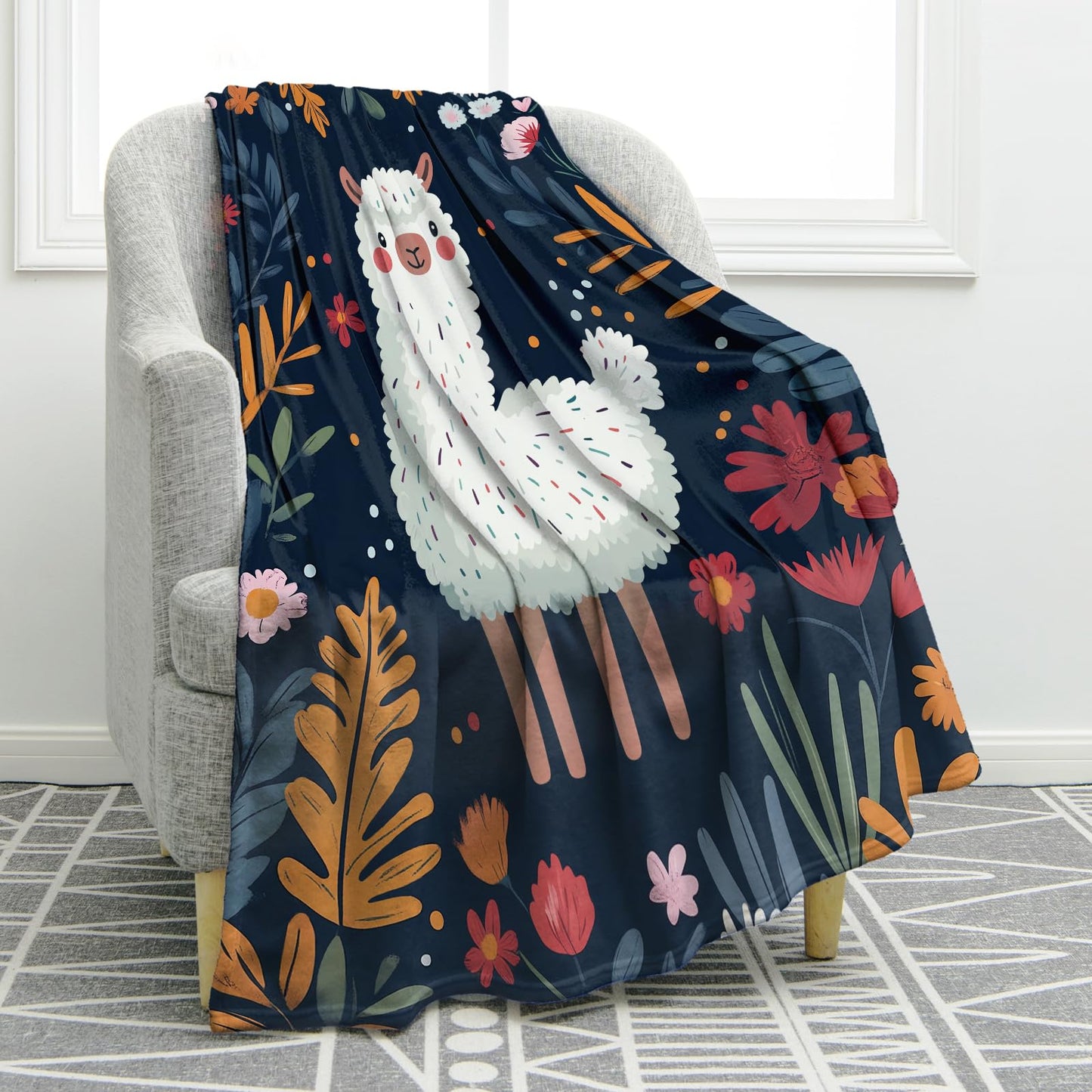 Jekeno Llama Blanket Gifts for Women Girls Mom Sister Friends Birthday Valentines Christmas Animal Alpaca Floral Flower Print Present Decor Home Sofa Couch Soft Cozy Plush Throw for Kids Adult 50"x60"