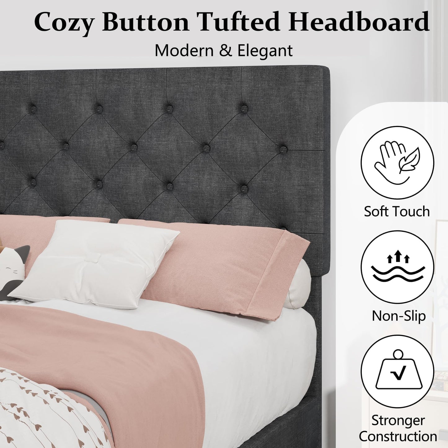 Lullabyre Twin Bed Frames for Kids, Upholstered Platform Bed Frame, Upholstered Bed Frame with Tufted Headboard, No Box Spring Needed, Easy Assemble, Grey