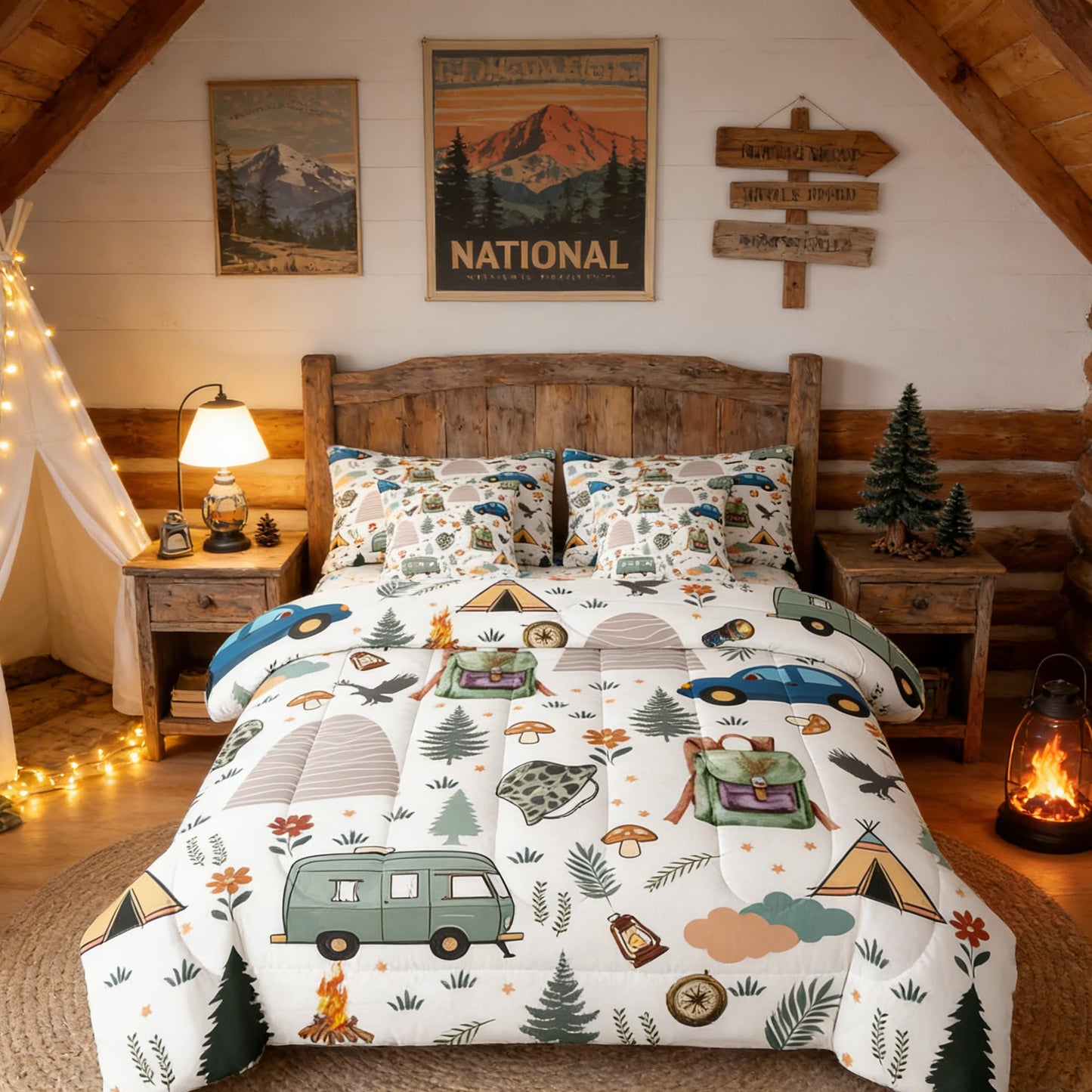 Feelyou Camper Theme Comforter Set With Sheets 7 Piece Twin Size Happy Camping Bedding Set for Kids Boys Girls Car Rv Accessories Bed in a Bag Mountain Adventure Room Decor Soft Lightweight Microfiber