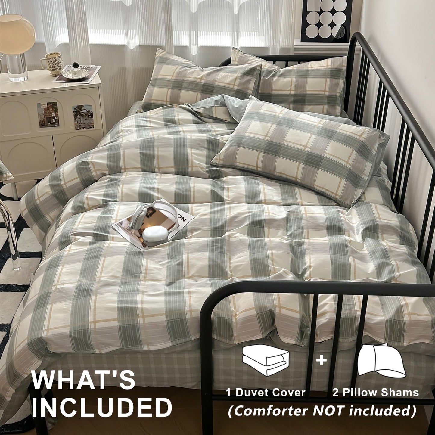 VM VOUGEMARKET Green Plaid Duvet Cover Sets Queen,3 Pieces Gingham Comforter Cover with Zipper Closure & Corner Ties for Men Boys Simple Modern Bedding Set (90"x90")