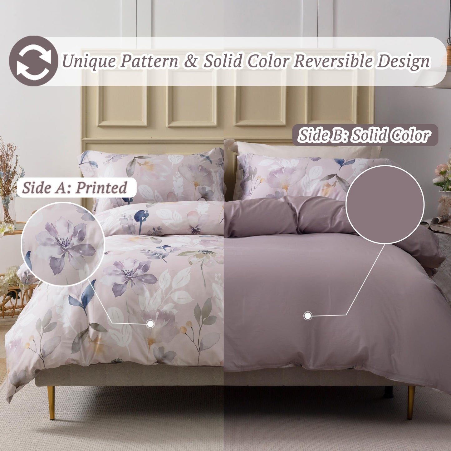 MILDLY 100% Long-Staple Cotton Duvet Cover Set Light Gray Pink Floral Leaf Pattern Printed Comforter Cover 3pcs, Ultra Soft & Breathable Bedding Set