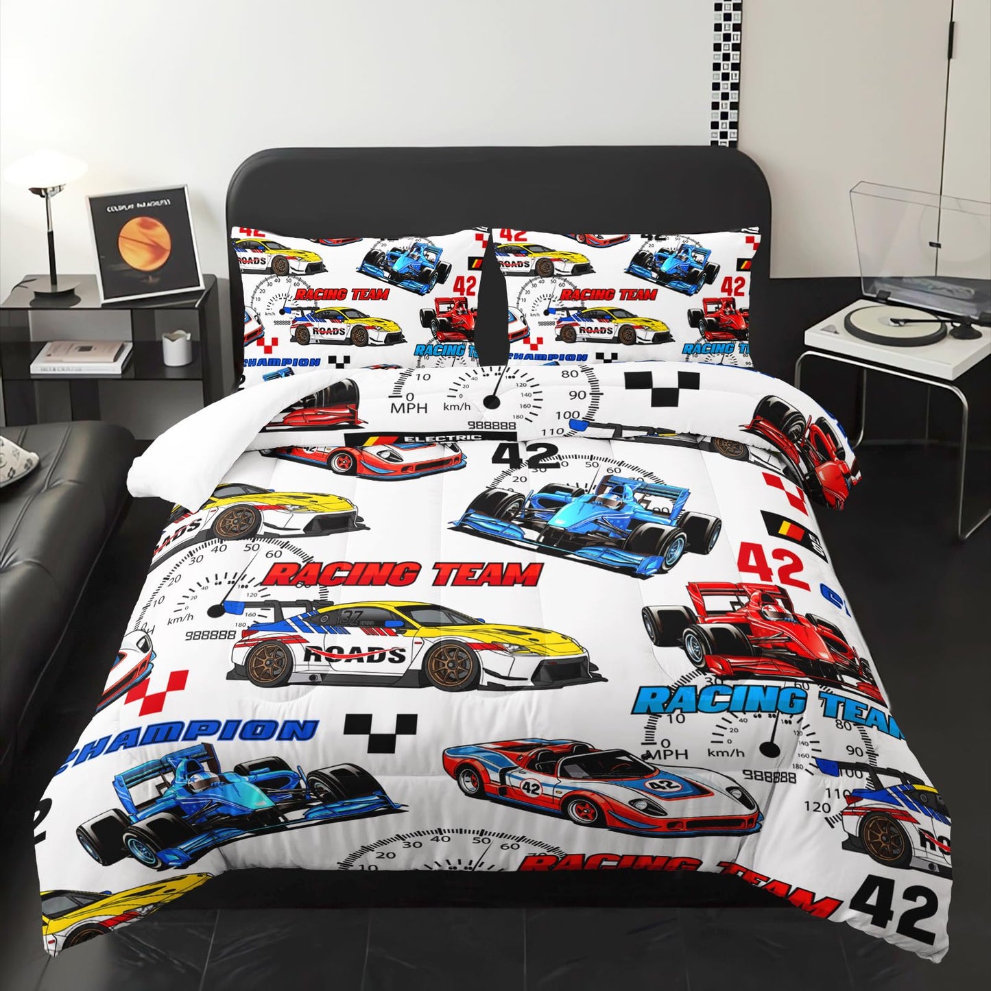 lneffble Race Car Themed Comforter Set Twin for Boys，Race Car Bedding Twin Bed Set，Kids Race Car Bedroom Decor with 1 Comforter with 2 Pillow Case