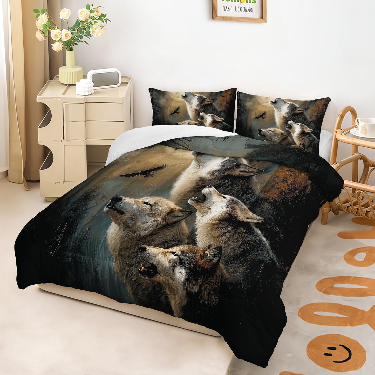 lneffble Wolf Comforter Set Twin for Kids Boys Girls,Howling Wolves Comforter Set,Eagle and Wolf Night Moon Forest Bedding Set, Wild Animals Quilt Set for Bedroom Decor,All Seasons