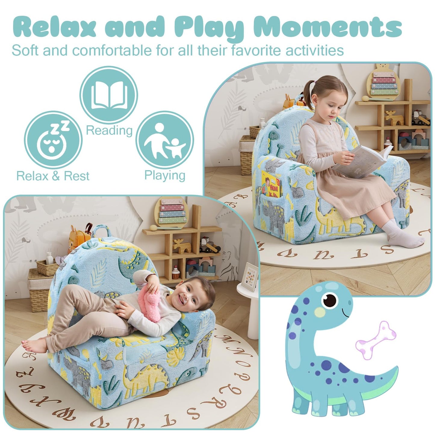 MeMoreCool Comfy Kids Chair for Ages 3+, Glow Dinosaur Kids Reading Chair, Soft Plush Kids Armchair, Cozy Foam Kids Armchair for Kids Room, Living Room, Playroom, Reading Nook
