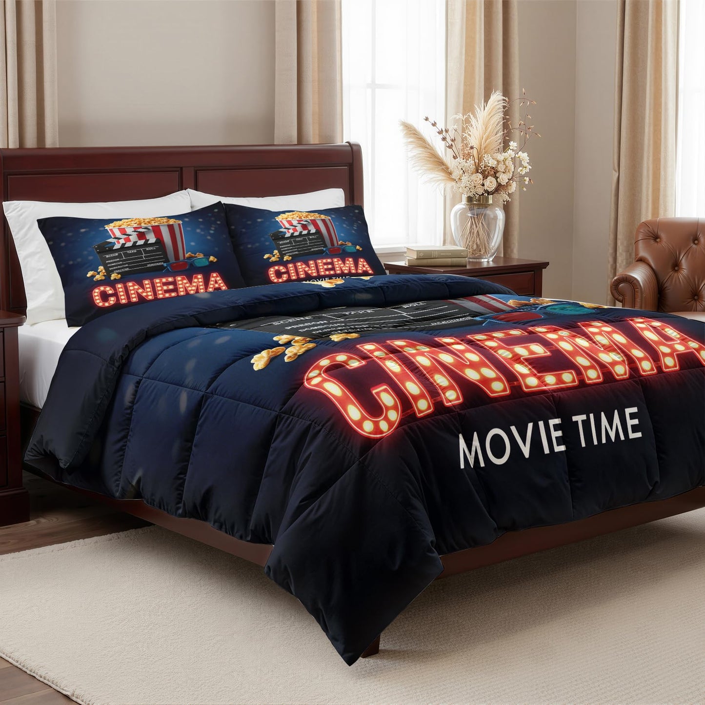 Movie Theater Comforter Set Twin Size 2 Pcs - All Season Comforter & Pillowcase, Popcorn Cinema Bedding Set, Soft Lightweight Down Alternative Duvet Insert, Clapperboard Bedroom Decor