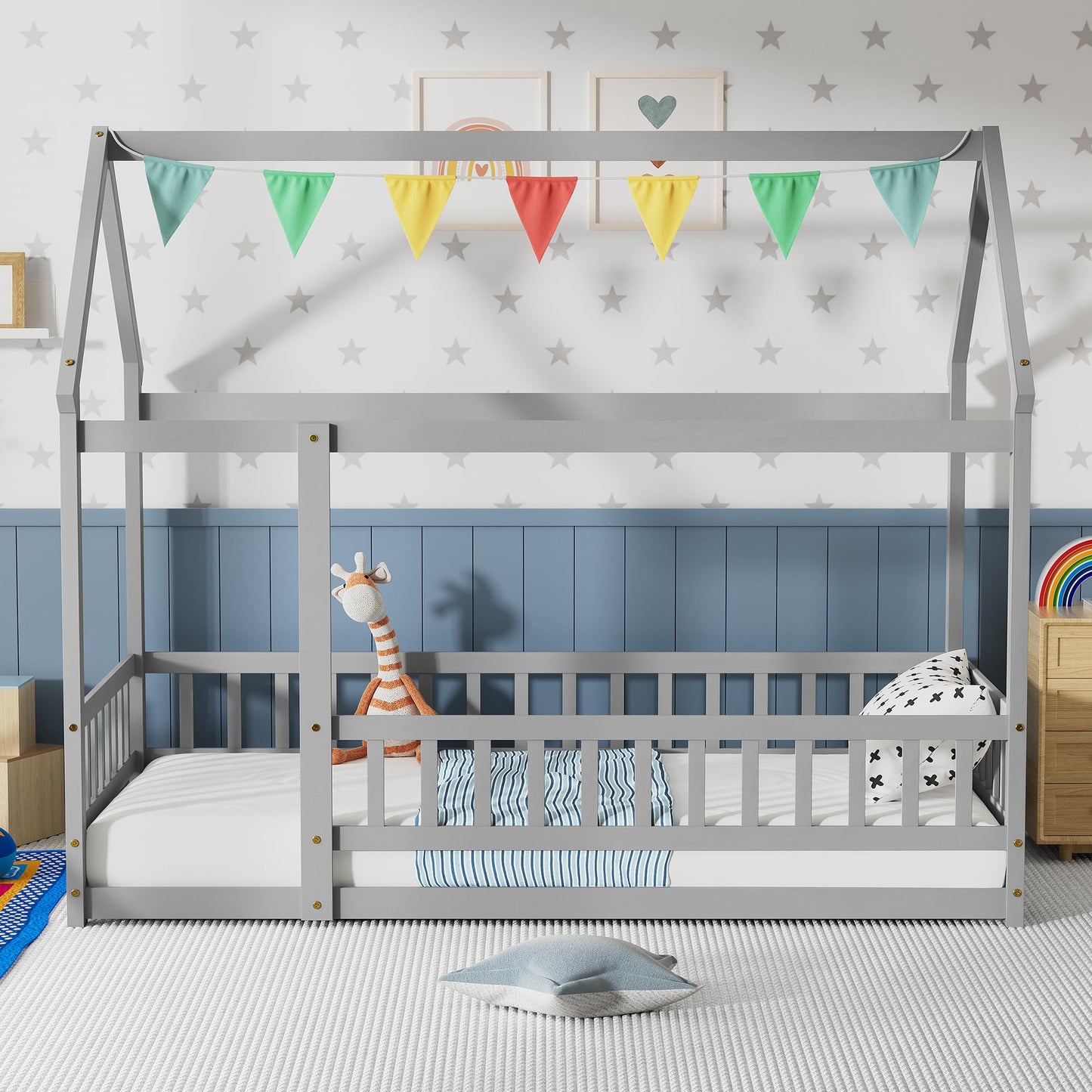 PVWIIK Twin Montessori Floor Bed with High Rails & Roof for Kids Bedroom,High Rails Bed Frame with Fence,No Box Spring Needed, Grey