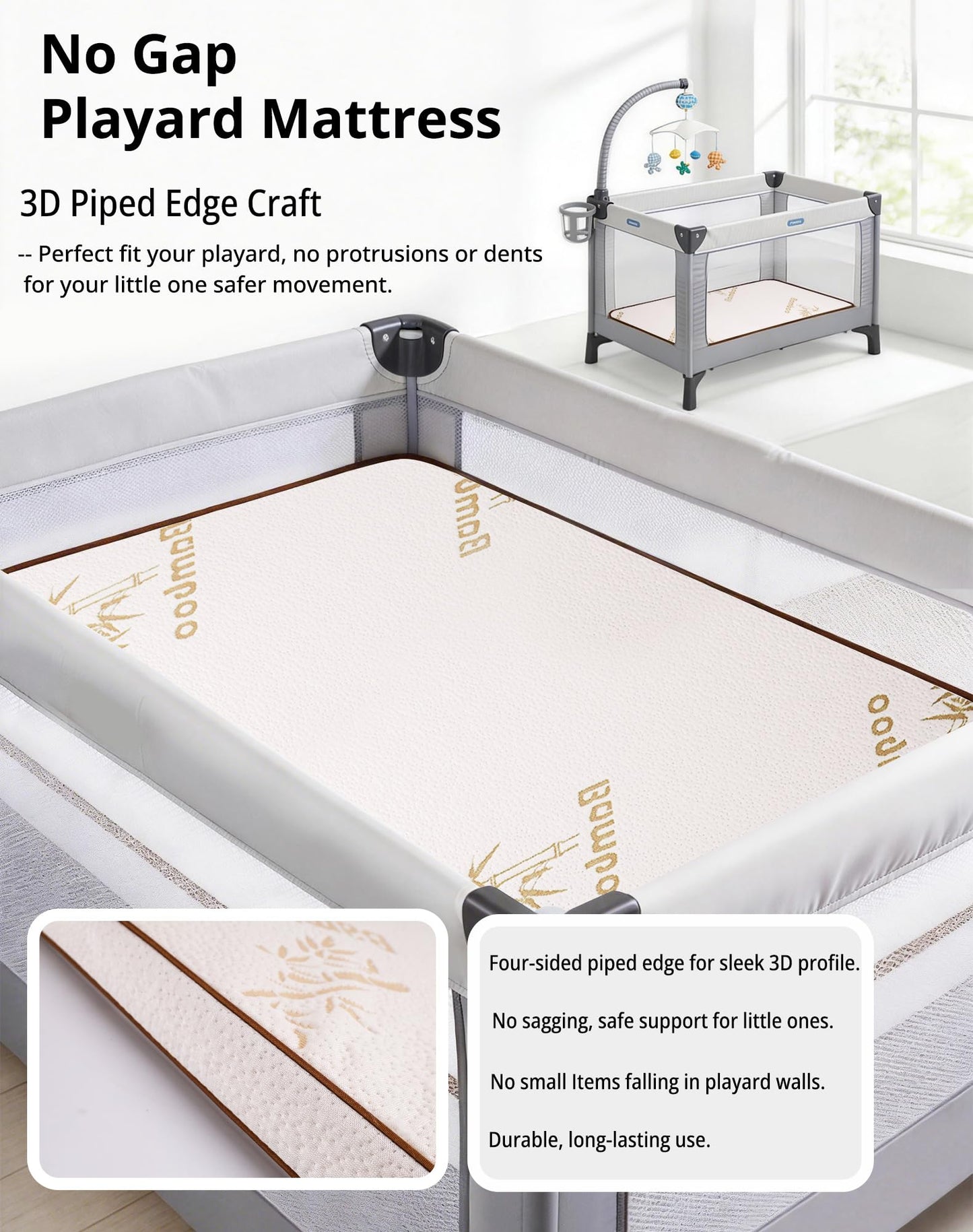 Pack and Play Mattress Pad - 38"x26"x1.5" Thick Playpen Mattress Topper for Graco Pack n Play, Baby Trend, Pamo Babe Playard - Breathable Cooling Bamboo Cover, No Gap 3D Piped Edge, Beige