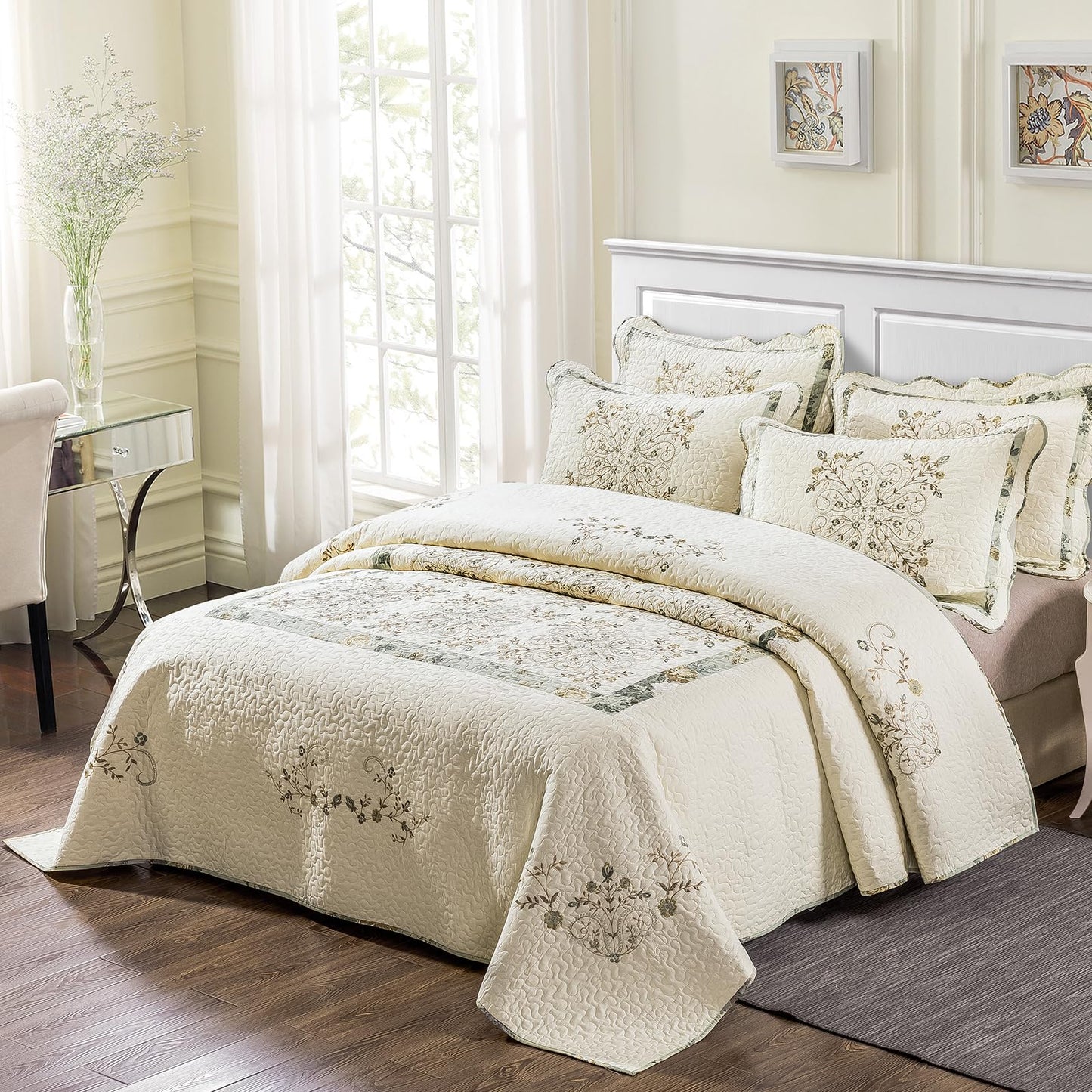 ROOMLIFE Quilt Set Full/Queen Size 3D Floral Embroidery Pattern 3-Piece Cotton Reversible Quilted Embroidered Decorative Bedspreads Coverlet Bedding Set, Lightweight &Soft, All Season(90" X 98")