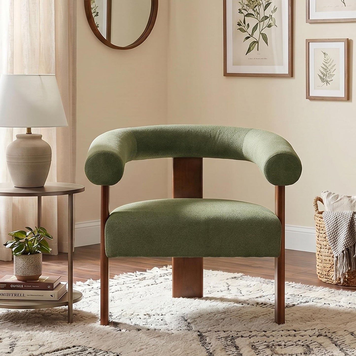 Usaint Upholstered Accent Chair, Mid-Century Modern Arm Chair Living Room Chairs with Walnut Wood Legs, Comfy Barrel Accent Chairs for Living Room, Bedroom, Vanity, Reading Room, Green