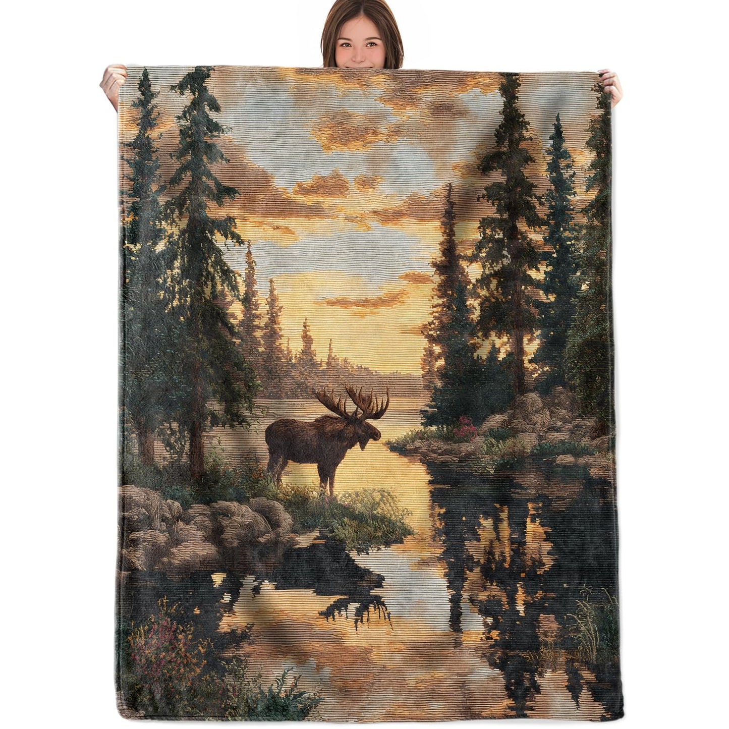 RQTWC Moose Sunset Landscape Throw Blanket Gifts for Boys Girls Kids Adults, Wildlife Forest Lake Theme Flannel Blankets for Travel Sofa Living Room Decor 50"X60"