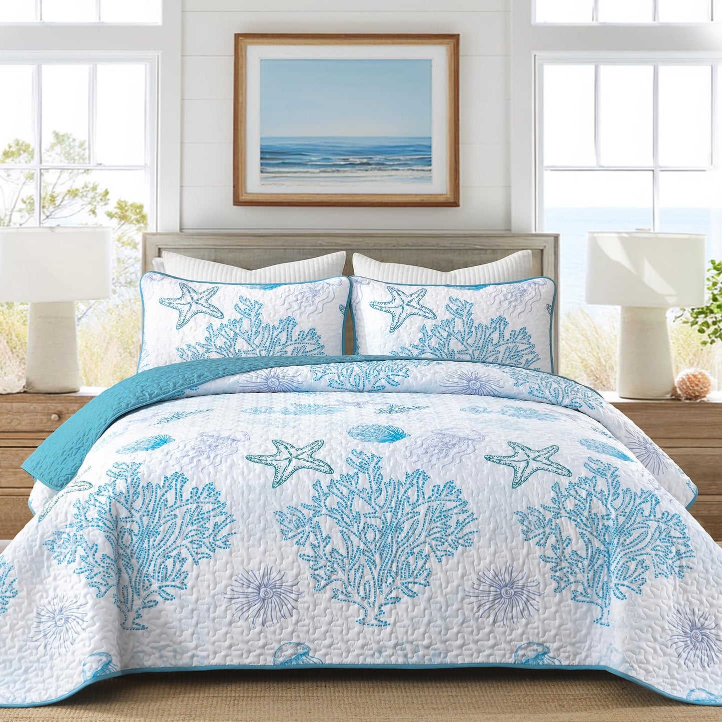 DJY Ocean Coastal Quilt Sets King Size,Reversible Microfiber Quilts with 2 Shams Soft Lightweight Beach Bedding Green Nautical Bedspread Coverlet Summer Comforter Set for All Season,110"x90"