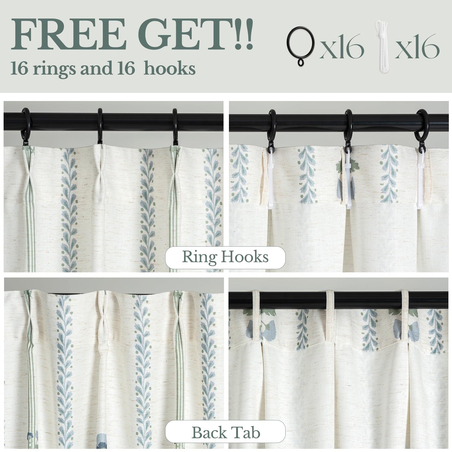 Pinch Pleated Curtains Luxury Light Filtering Floral Curtains for Living Room Bedroom Dining Room - 95 Inches Linen Drapes Farmhouse Window Curtains with Hooks - 2 Panels Set, 40" W x 95" L
