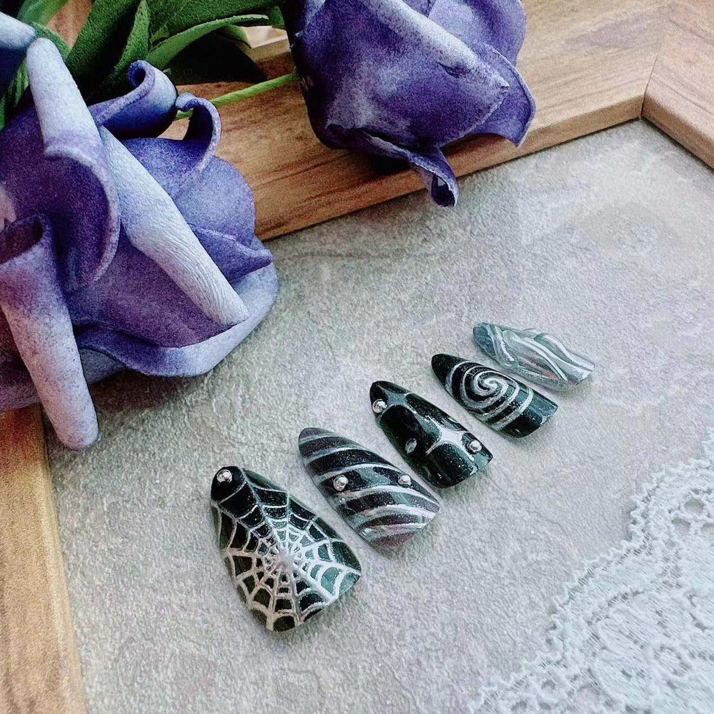 Black Gothic Press on Nails, Medium Almond Silver Fake Nails with Spider Web Moon Star Swirl Chrome Drip Rhinestone Designs, Punk Goth Y2K False Nails with Glue Tabs - 24Pcs Nail Kit for Women