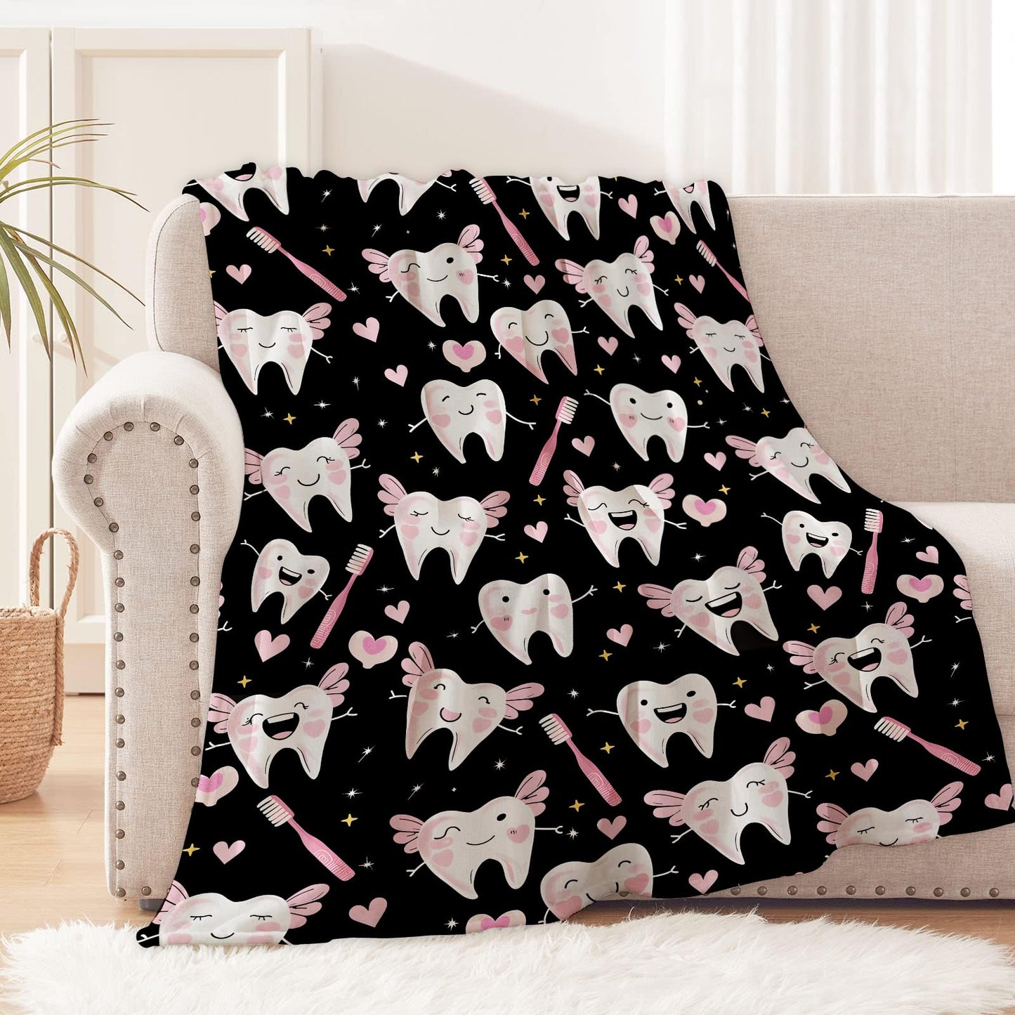 cromcu Cute Tooth Fairy Throw Blanket Warm Lightweight, Pink Dental Heart Flannel Blankets Gifts for Girls Women Dental Lovers, Home Decor Throws for Couch Sofa Camping Office Travel, Black 60"X50"