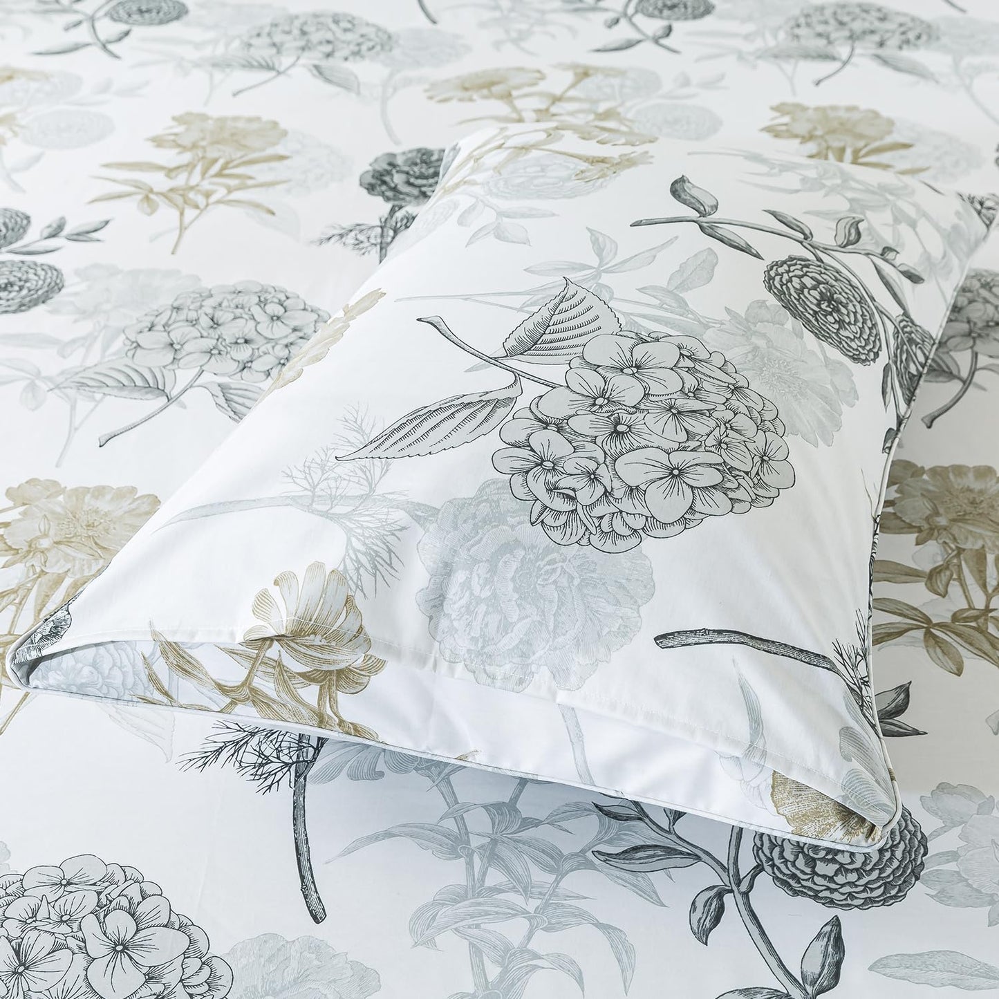 FADFAY Queen Sheets Set Percale Cotton Grey Floral Bed Sheets Deep Pocket Fitted Sheet, Luxury Ink Vintage Grey Hydrangea Printed Shabby White Bedding for All Season, Super Soft Crisp & Cool, 4 Pcs