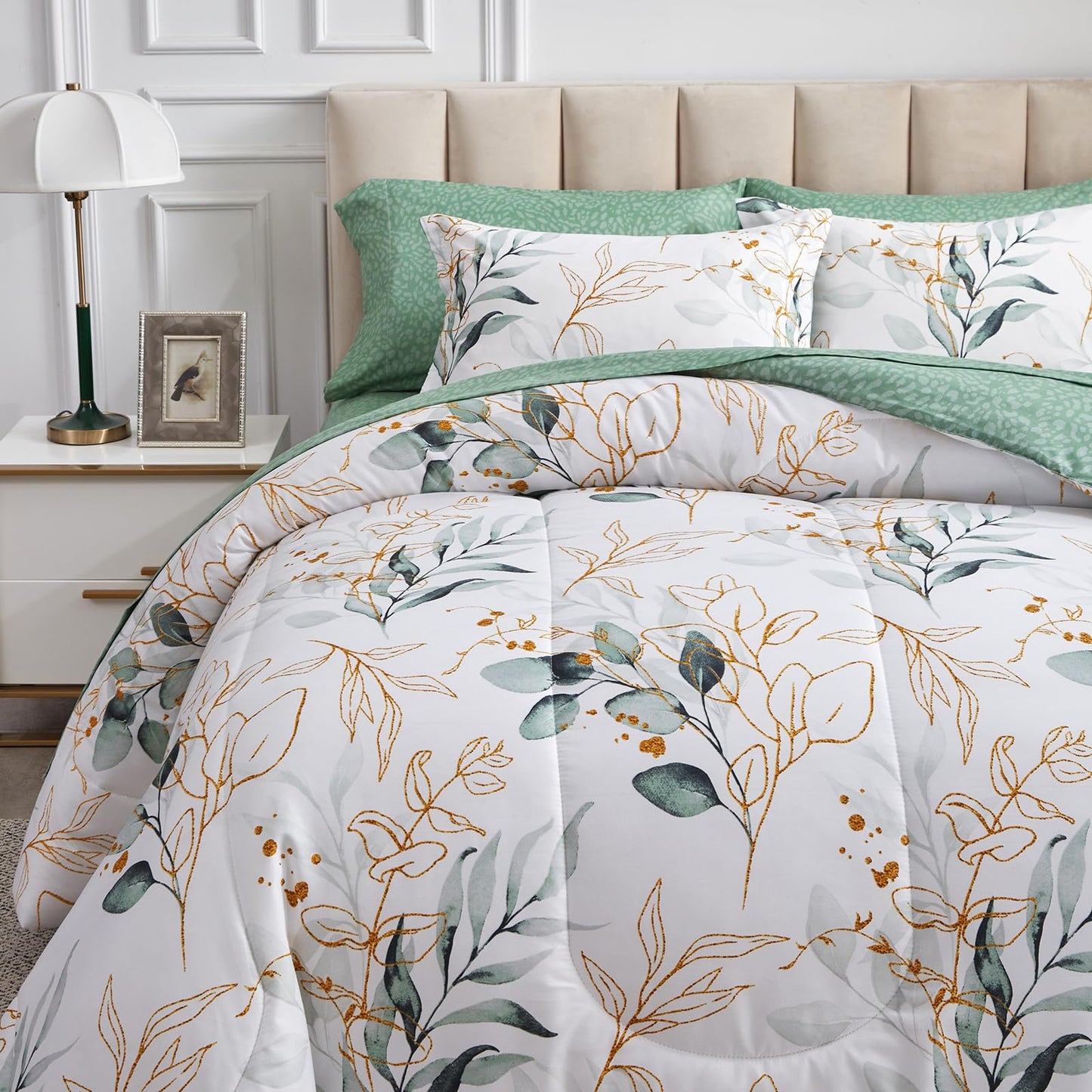 Joyreap 6 Piece Bed in a Bag Twin, Green Leaves Printed on White Botanical Design, Microfiber Comforter Set for All Season (1 Comforter, 2 Pillow Shams, 1 Flat Sheet, 1 Fitted Sheet, 1 Pillowcase)