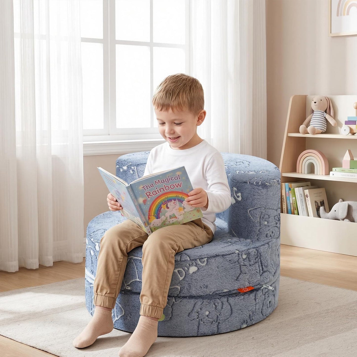 MeMoreCool Puppy Kids Couch, Flip-Open Kids Chair, Glow Print, Grey
