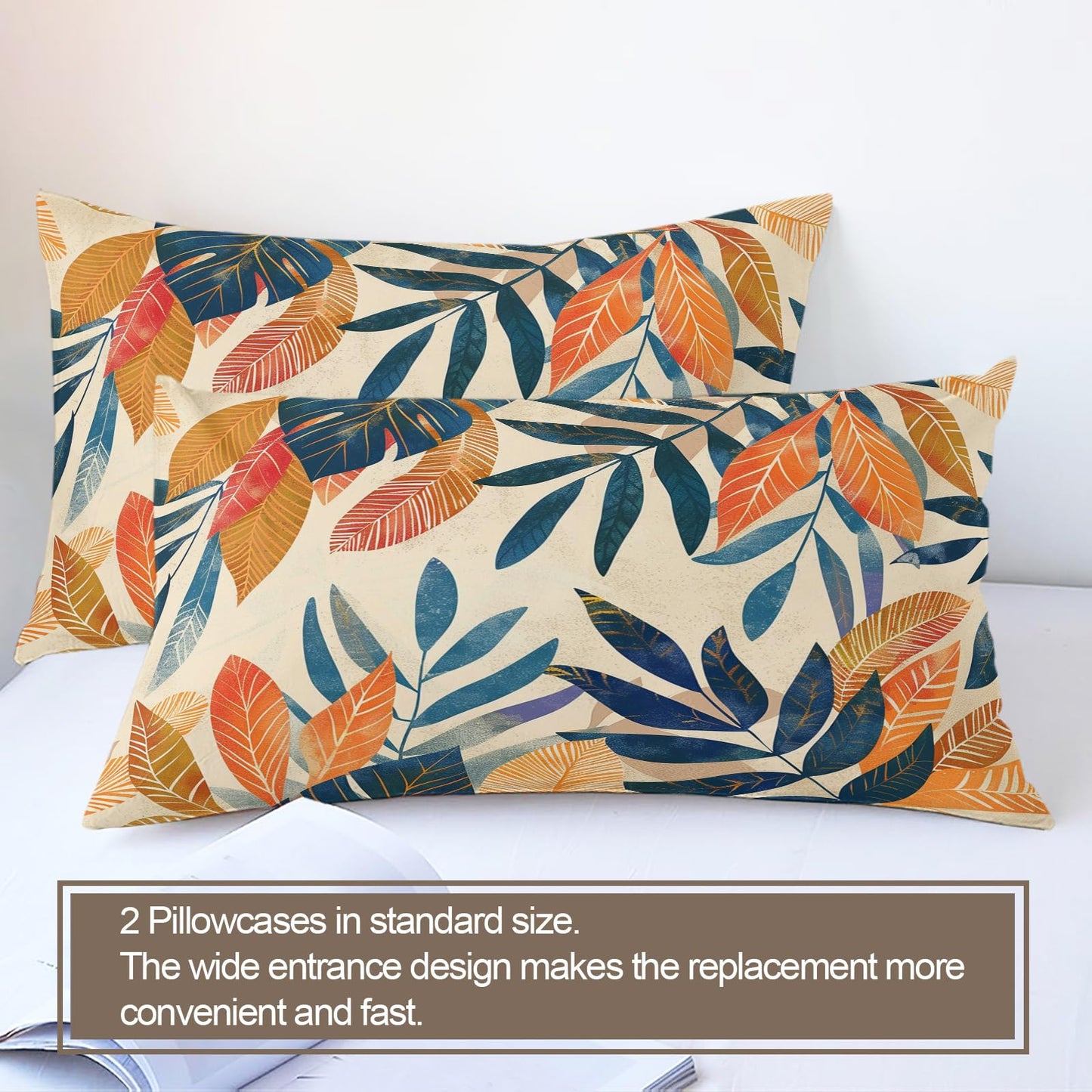 ZAMODE Leaf Duvet Cover 120" x 98", Tropical Leaf Bedding Set, Vintage Boho Leaves Comforter Cover with Zipper Ties